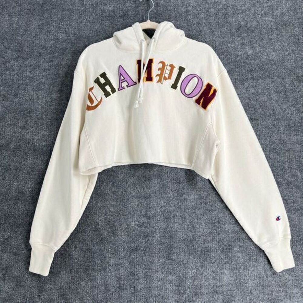 Champion Reverse Weave Cropped Sweatshirt Hoodie Womens M Off White Spellout